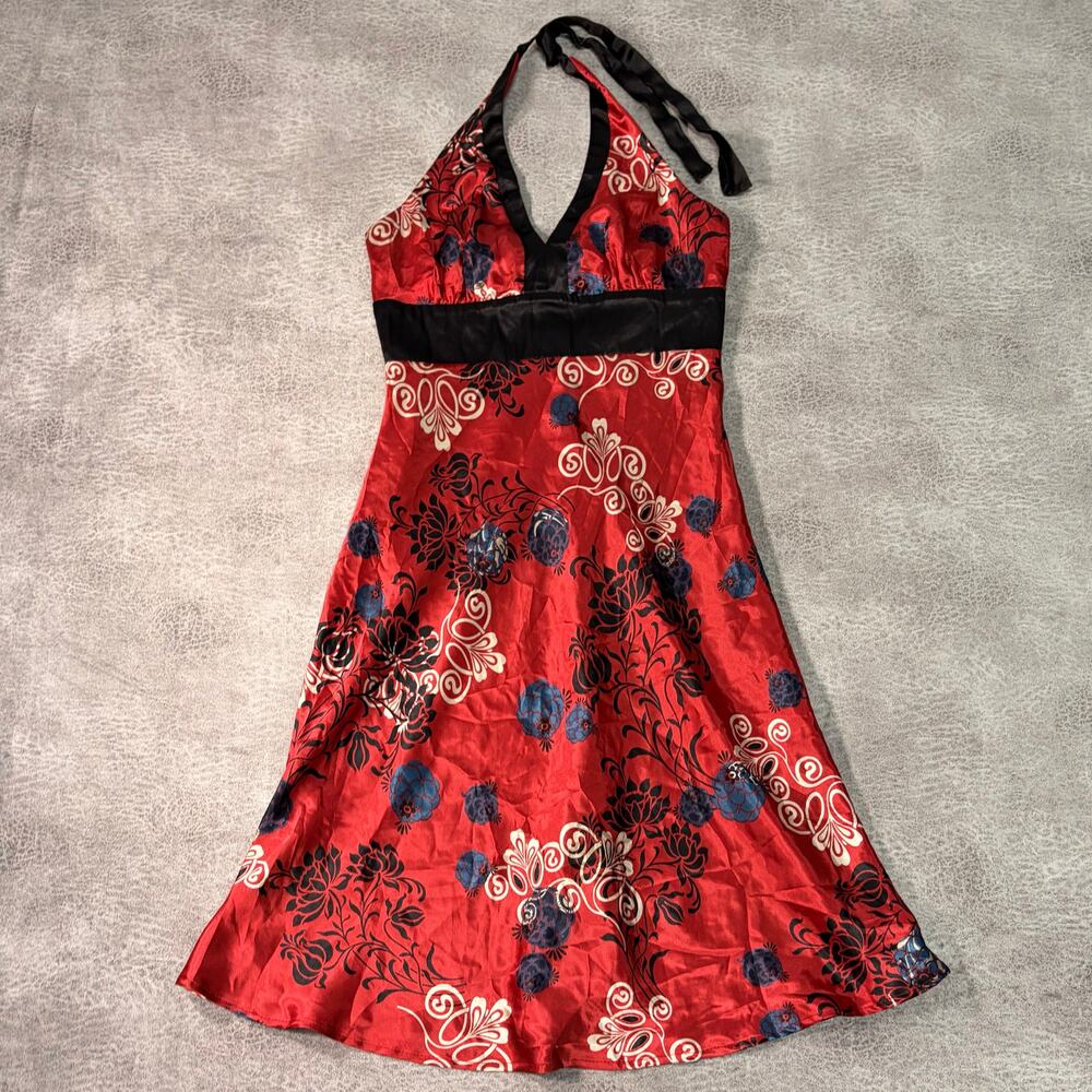 Vintage Red Satin Floral B Smart Halter Dress